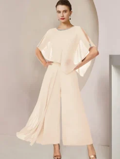 Jumpsuits Mother of the Bride Formal Wedding Guest Elegant Party Scoop Neck Ankle Length Chiffon Sleeveless with Beading
