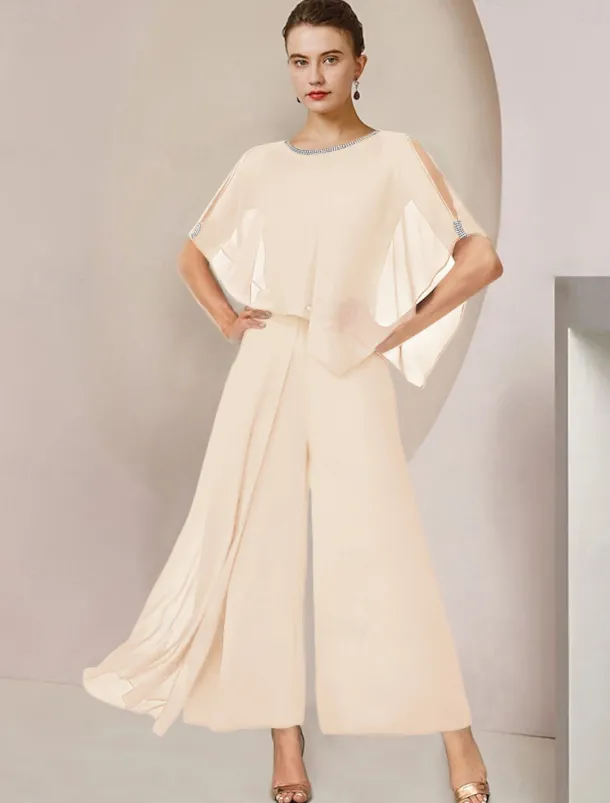 Jumpsuits Mother of the Bride Formal Wedding Guest Elegant Party Scoop Neck Ankle Length Chiffon Sleeveless with Beading