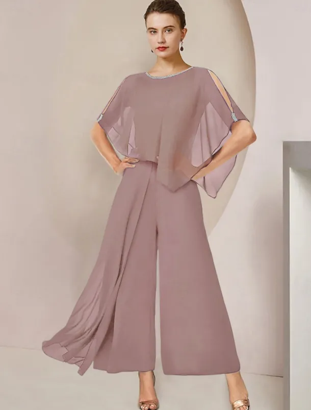 Jumpsuits Mother of the Bride Formal Wedding Guest Elegant Party Scoop Neck Ankle Length Chiffon Sleeveless with Beading