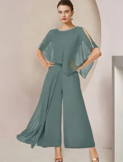 Jumpsuits Mother of the Bride Formal Wedding Guest Elegant Party Scoop Neck Ankle Length Chiffon Sleeveless with Beading