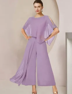 Jumpsuits Mother of the Bride Formal Wedding Guest Elegant Party Scoop Neck Ankle Length Chiffon Sleeveless with Beading