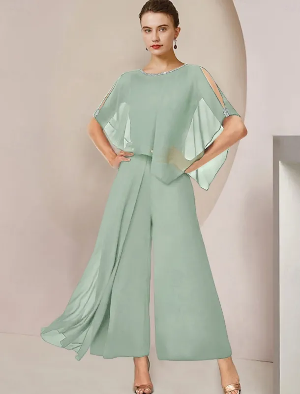 Jumpsuits Mother of the Bride Formal Wedding Guest Elegant Party Scoop Neck Ankle Length Chiffon Sleeveless with Beading