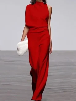 Jumpsuits Prom Dresses Minimalist Dress Wedding Guest Party Wear Floor Length Sleeveless One Shoulder Stretch Fabric with Sleek Pure Color