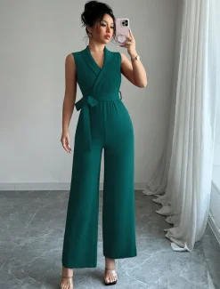 Jumpsuits Quinceanera Dresses Elegant Dress Wedding Wedding Guest Ankle Length Sleeveless V Neck Polyester with Buttons