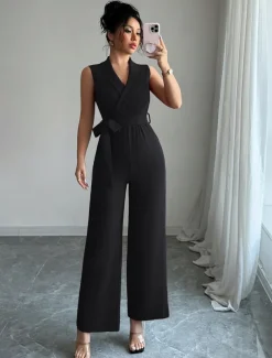 Jumpsuits Quinceanera Dresses Elegant Dress Wedding Wedding Guest Ankle Length Sleeveless V Neck Polyester with Buttons