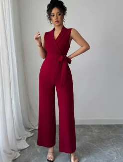 Jumpsuits Quinceanera Dresses Elegant Dress Wedding Wedding Guest Ankle Length Sleeveless V Neck Polyester with Buttons