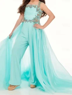 Jumpsuits Sweep / Brush Train Flower Girl Dress Pageant & Performance Frozen Elsa Juniors Cute Prom Dress Chiffon with Beading Frozen Fit 3-16 Years dress to impress