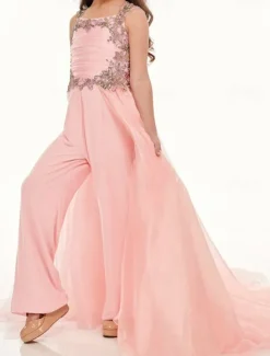 Jumpsuits Sweep / Brush Train Flower Girl Dress Pageant & Performance Frozen Elsa Juniors Cute Prom Dress Chiffon with Beading Frozen Fit 3-16 Years dress to impress