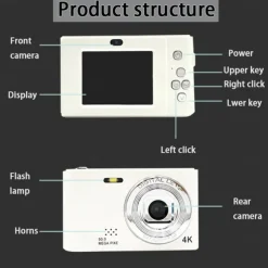 4K Digital Camera Point and Shoot Photography Travel Selfie Camara 2.4inch Screen Entry-Level Gift Compact Digicam Selfie Mini Retro Cam