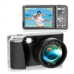 4K Digital Camera with 48MP Video Auto-Focus Anti-Shake 3 TPS Screen Flash 18X Zoom - Portable Travel Camcorder with 32GB Card