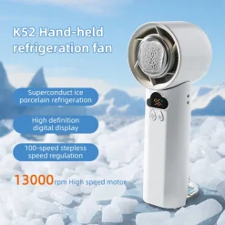K52 Handheld Cooling Fan with Ice Porcelain Refrigeration, 13000rpm Motor, 100-Speed Stepless Control, Foldable Design, LED Display, and Type-C Charging – Portable Mini Fan for Summer Travel & Office