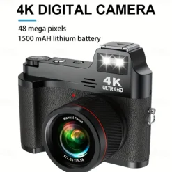4K HD Digital Camera Retro Non-Slip Grip 1500mAH Lithium Battery Timer Shooting Portable ABS Material for Beginners Family & Travel Audio Alarm USB/Battery Powered