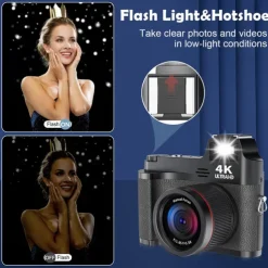 4K HD Digital Camera Retro Non-Slip Grip 1500mAH Lithium Battery Timer Shooting Portable ABS Material for Beginners Family & Travel Audio Alarm USB/Battery Powered