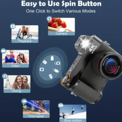 4K HD Digital Camera Retro Non-Slip Grip 1500mAH Lithium Battery Timer Shooting Portable ABS Material for Beginners Family & Travel Audio Alarm USB/Battery Powered