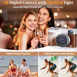 4K UHD Point and Shoot Camera Digicam with Auto Focus Compact Digital Camera Travel Camera with Auto Focus 48MP Vlogging Camera