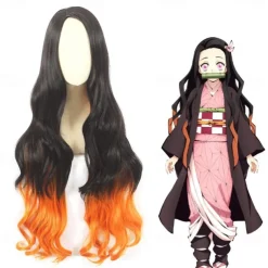 Kamado Nezuko Cosplay Wig for Demon Slayer, Anime Wig, Wig Character Wig for Women and Girls, Long Wavy Wig (Black & Orange) Halloween Wigs