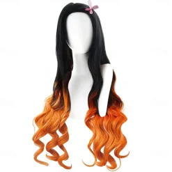 Kamado Nezuko Cosplay Wig for Demon Slayer, Anime Wig, Wig Character Wig for Women and Girls, Long Wavy Wig (Black & Orange) Halloween Wigs