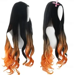 Kamado Nezuko Cosplay Wig for Demon Slayer, Anime Wig, Wig Character Wig for Women and Girls, Long Wavy Wig (Black & Orange) Halloween Wigs