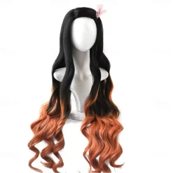 Kamado Nezuko Cosplay Wig Mouthpiece Black Orange Ombre Anime Wig Wigs Orange Wigs Black Wigs Halloween Wigs