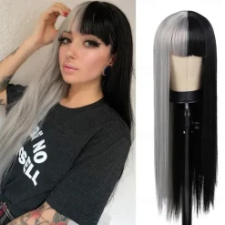Kaneles Half Black Half Green Wig Long Straight Hair with Bangs Cosplay Natural Wavy Wig for Girls Cosplay Party Show Halloween Wigs