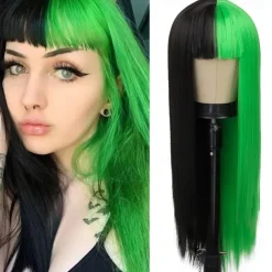 Kaneles Half Black Half Green Wig Long Straight Hair with Bangs Cosplay Natural Wavy Wig for Girls Cosplay Party Show Halloween Wigs