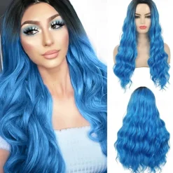 Kaneles Half Black Half Green Wig Long Straight Hair with Bangs Cosplay Natural Wavy Wig for Girls Cosplay Party Show Halloween Wigs