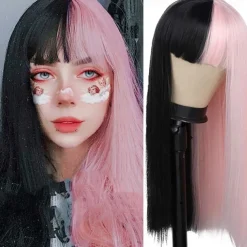 Kaneles Half Black Half Green Wig Long Straight Hair with Bangs Cosplay Natural Wavy Wig for Girls Cosplay Party Show Halloween Wigs