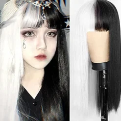 Kaneles Half Black Half Green Wig Long Straight Hair with Bangs Cosplay Natural Wavy Wig for Girls Cosplay Party Show Halloween Wigs