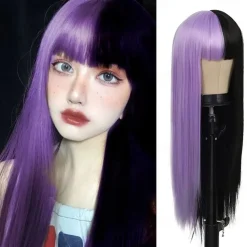Kaneles Half Black Half Green Wig Long Straight Hair with Bangs Cosplay Natural Wavy Wig for Girls Cosplay Party Show Halloween Wigs