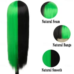 Kaneles Half Black Half Green Wig Long Straight Hair with Bangs Cosplay Natural Wavy Wig for Girls Cosplay Party Show Halloween Wigs