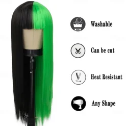 Kaneles Half Black Half Green Wig Long Straight Hair with Bangs Cosplay Natural Wavy Wig for Girls Cosplay Party Show Halloween Wigs