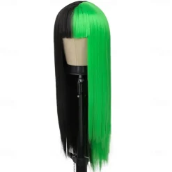 Kaneles Half Black Half Green Wig Long Straight Hair with Bangs Cosplay Natural Wavy Wig for Girls Cosplay Party Show Halloween Wigs