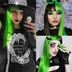 Kaneles Half Black Half Green Wig Long Straight Hair with Bangs Cosplay Natural Wavy Wig for Girls Cosplay Party Show Halloween Wigs