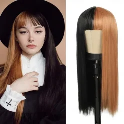 Kaneles Half Black Half Green Wig Long Straight Hair with Bangs Cosplay Natural Wavy Wig for Girls Cosplay Party Show Halloween Wigs