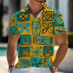 Kentucky Derby Men's Palm Tree Hawaiian Polo Shirts Golf Shirt Short Sleeve Polo Shirts Collared Shirts Beach Wear Vacation Wear Tropical Wear Party Outfits Buttons 3D Print Spring & Summer Yellow