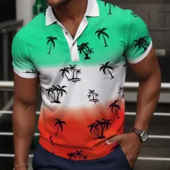 Kentucky Derby Men's Palm Tree Hawaiian Polo Shirts Golf Shirt Short Sleeve Polo Shirts Collared Shirts Casual Beach Wear Vacation Wear Tropical Wear Party Outfits Buttons 3D Print Summer Blue Green