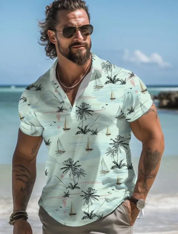 Kentucky Derby Men's Palm Tree Hawaiian Polo Shirts Golf Shirt Short Sleeve Polo Shirts Collared Shirts Casual Beach Wear Vacation Wear Tropical Wear Party Outfits Buttons 3D Print Summer White Pink