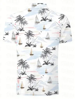 Kentucky Derby Men's Palm Tree Hawaiian Polo Shirts Golf Shirt Short Sleeve Polo Shirts Collared Shirts Casual Beach Wear Vacation Wear Tropical Wear Party Outfits Buttons 3D Print Summer White Pink