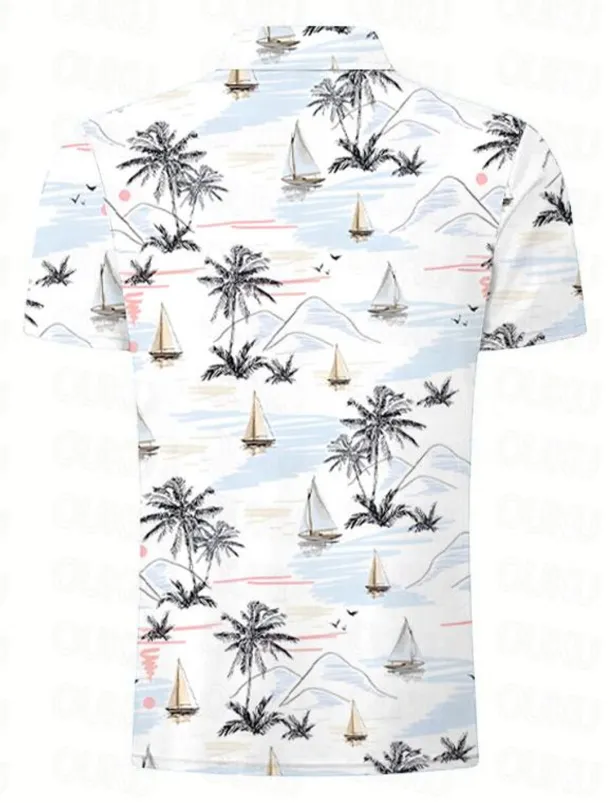 Kentucky Derby Men's Palm Tree Hawaiian Polo Shirts Golf Shirt Short Sleeve Polo Shirts Collared Shirts Casual Beach Wear Vacation Wear Tropical Wear Party Outfits Buttons 3D Print Summer White Pink