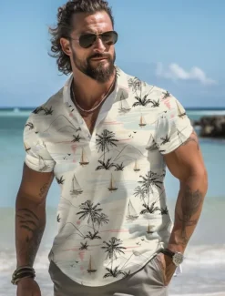 Kentucky Derby Men's Palm Tree Hawaiian Polo Shirts Golf Shirt Short Sleeve Polo Shirts Collared Shirts Casual Beach Wear Vacation Wear Tropical Wear Party Outfits Buttons 3D Print Summer White Pink