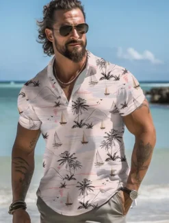 Kentucky Derby Men's Palm Tree Hawaiian Polo Shirts Golf Shirt Short Sleeve Polo Shirts Collared Shirts Casual Beach Wear Vacation Wear Tropical Wear Party Outfits Buttons 3D Print Summer White Pink