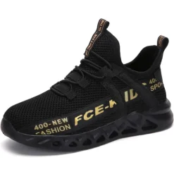 Kids' Black Breathable Mesh Running Sneakers with Lace-Up Design and Bold Letter Print - Comfortable Athletic Shoes for Boys