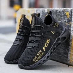 Kids' Black Breathable Mesh Running Sneakers with Lace-Up Design and Bold Letter Print - Comfortable Athletic Shoes for Boys