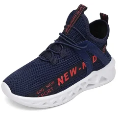 Kids' Black Breathable Mesh Running Sneakers with Lace-Up Design and Bold Letter Print - Comfortable Athletic Shoes for Boys