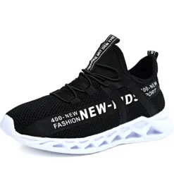 Kids' Black Breathable Mesh Running Sneakers with Lace-Up Design and Bold Letter Print - Comfortable Athletic Shoes for Boys