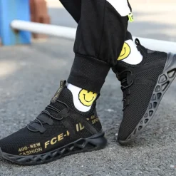 Kids' Black Breathable Mesh Running Sneakers with Lace-Up Design and Bold Letter Print - Comfortable Athletic Shoes for Boys