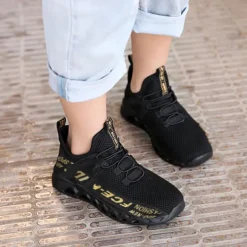 Kids' Black Breathable Mesh Running Sneakers with Lace-Up Design and Bold Letter Print - Comfortable Athletic Shoes for Boys