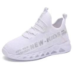 Kids' Black Breathable Mesh Running Sneakers with Lace-Up Design and Bold Letter Print - Comfortable Athletic Shoes for Boys