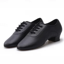 Kids' Black Lace-Up Ballroom Dance Shoes - Comfortable Faux Leather Latin Dance Shoes with Suede Sole for Boys' Performance & Practice