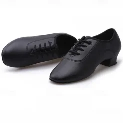 Kids' Black Lace-Up Ballroom Dance Shoes - Comfortable Faux Leather Latin Dance Shoes with Suede Sole for Boys' Performance & Practice
